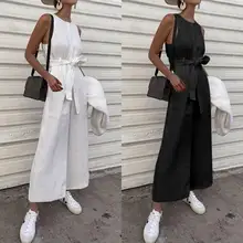

Women Long Jumpsuits 2021 Vintage Cotton Sleeveless Jumpsuit Celmia Solid O-neck Buttons Wide Leg Pant Casual Loose Overalls