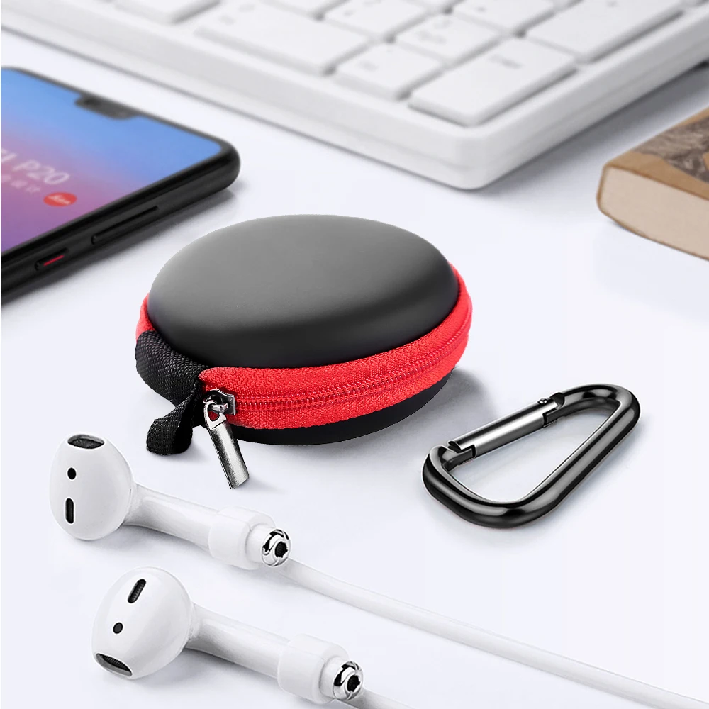 

Earphone USB Cable Storage Box Portable Hard Round Shape Headset Box With Carabiner Headphone EVA Case Data Cables Organizer
