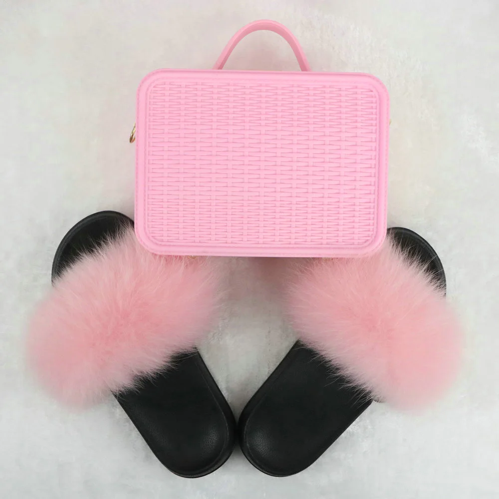 New Fashion Real Fox Fur Slippers for Women Customzed Plush Fur Slides Solid Color Female Hand Bags Sets