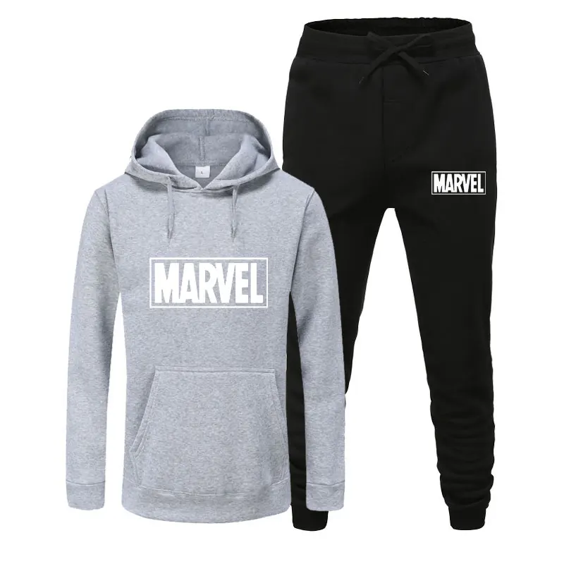 Женский спортивный костюм, зимняя флисовая куртка с капюшоном и принтом Marvel+ штаны, Толстовка для девочек, комплект из 2 предметов, толстовки, спортивный костюм, куртка - Цвет: gray black