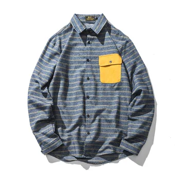 

Men's Shirt 2020 Fashion Casual Stripe Shirts Splicing Pattern Long Sleeve Cotton Turn-down Collar Shirts
