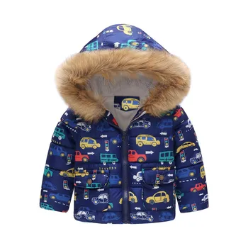 

Autumn Winter Baby Boys Jacket For Toddler Boys Children Cartoon Car Print Winter Warm Jacket Hooded Windproof Coat For 2-6T