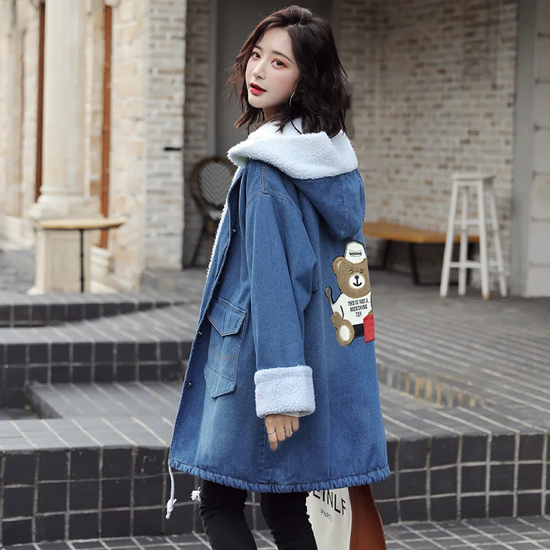 

Photo Shoot 2019 Winter Korean-style Students Embroidery Berber Fleece Mid-length Cowboy Hooded Brushed And Thick Embroidered Co