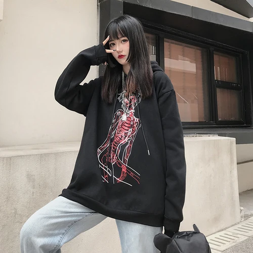 Черный Woherb Harajuku японский мультяшный принт Толстовка для женщин и мужчин унисекс повседневные толстовки принт Осень Толстовка Топы уличная Sudaderas - Цвет: Черный