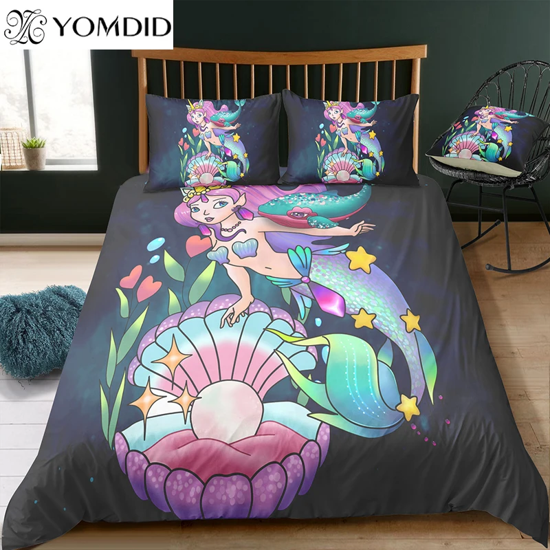 

YOMDID 3D printing bedding sets cartoon duvet cover set mermaid pearl pattern black background king size duvet cover pillowcase
