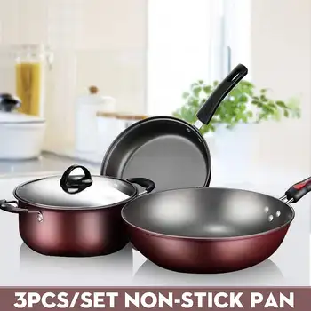 

3Pcs Kitchen Cookware Set Non-stick Cookware Frying Pan Cooking Pot & Pan Saucepan with Glass lid Home
