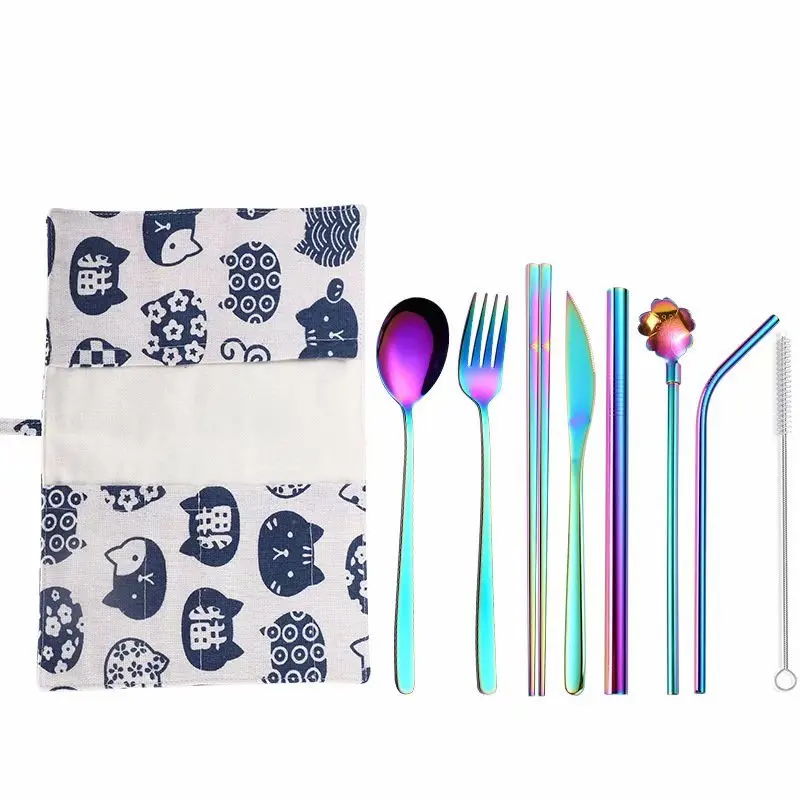 9pcs color3 Colorful Cutlery Stainless Steel Cutlery Portable Tableware Set Kitchen Dinning Set Utensils Dinnerwar Reusable Straw for Travel - Цвет: 9pcs color3