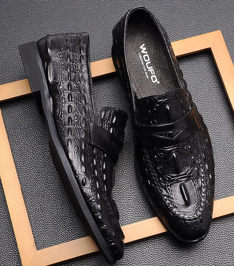 QYFCIOUFU Concise Men Crocodile Shoes Fashion Round Toe Slip On Formal Shoes Man Genuine Cow Leather Leisure Office Shoes Man