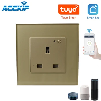 

ACCKIP UK Safety AC Power Electrical Gold Wall Switch plug Socket Outlet Work with Alexa Google Voice Control Smart Wall Socket