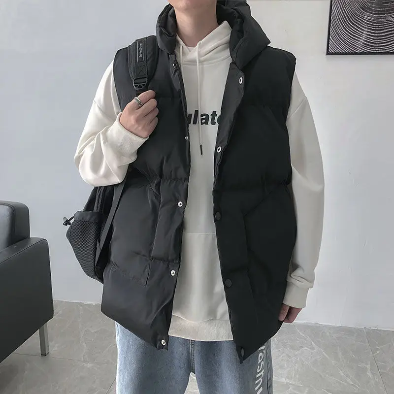 

Down Vest Men's Warm Fashion Casual Hooded Vest Coat Men Streetwear Loose Winter Solid Color Thick Vest Jacket Mens S-2XL