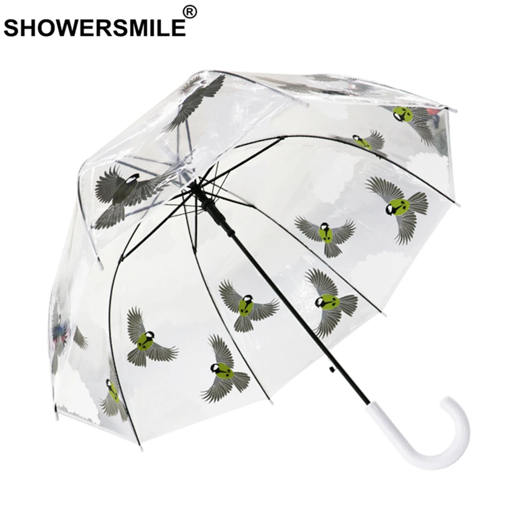 SHOWERSMILE Clear Umbrella Rain Women Long Handle Transparent Umbrella Automatic Ladies Hanging Bird Hand Painted Umbrellas