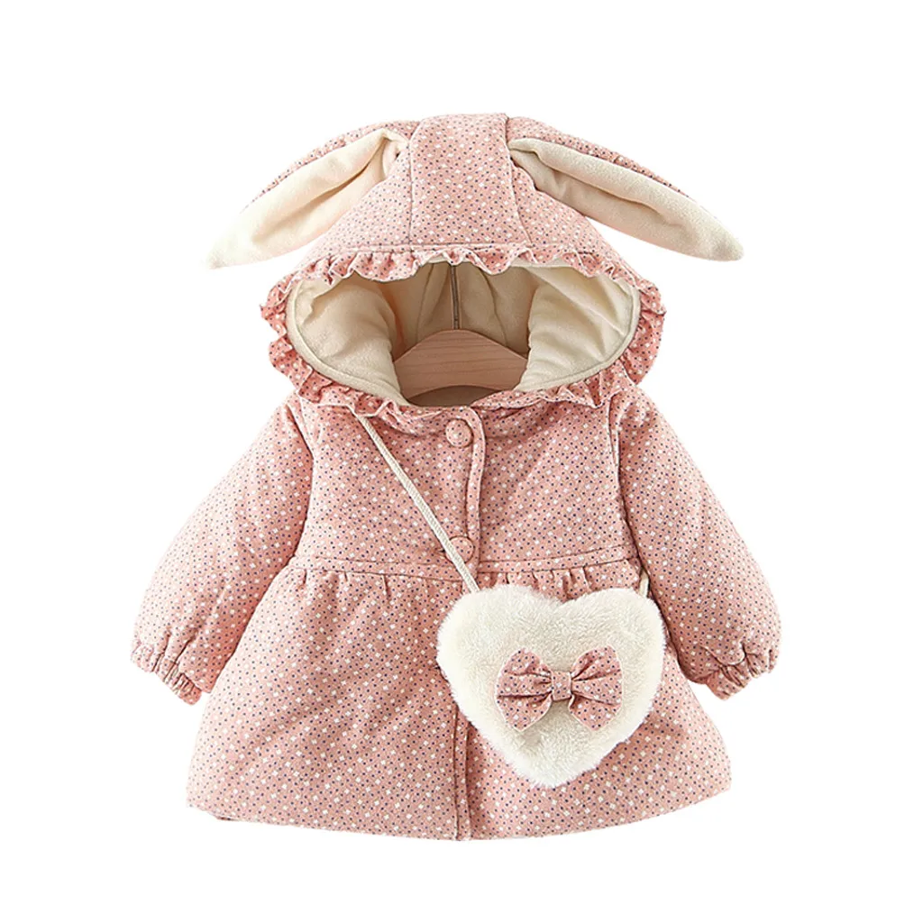 Pink Детская утепленная Вельветовая куртка в горошек с длинными рукавами и оборками с заячьими ушками хлопковый костюм+ сумка с сердечками W1118 - Цвет: Pink