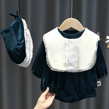 

Autumn Newborn Baby Girl Clothes Thicken Lace Cotton Jumpsuit Clothing Sets Girls Bodysuit+ Hats + Bibs Outfits