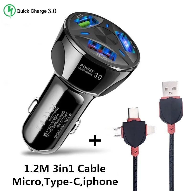 Хорошее автомобильное микро USB зарядное устройство 3,0, быстрая зарядка, зарядное устройство для мобильного телефона, 2, 3 порта, USB быстрое автомобильное зарядное устройство для iphone, ios, Android - Тип штекера: Black 3USB and Cable