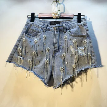 

2020 Spring Summer New Beads Tassels Diamond Jeans Pants High-waisted Holes Denim Shorts Women's Hot Pants Student Jeans Shorts