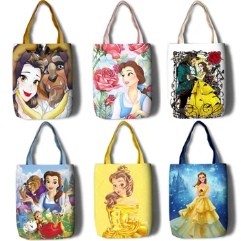 

New Beauty and the Beast Belle Princess Girls Women Canvas Shoulder Bags Large Handbag Cute Cartoon Shopping Bag