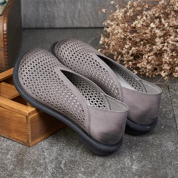 

vallu 2020 new thick-heeled round-head pure leather perforated shallow hole female sandals
