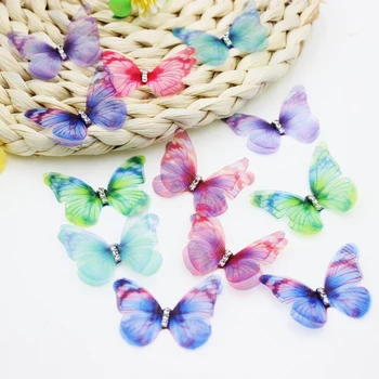 

50Pcs Gradient Color Organza Fabric Butterfly Appliques 38Mm Translucent Chiffon Butterfly for Party Decor, Doll Embellishment