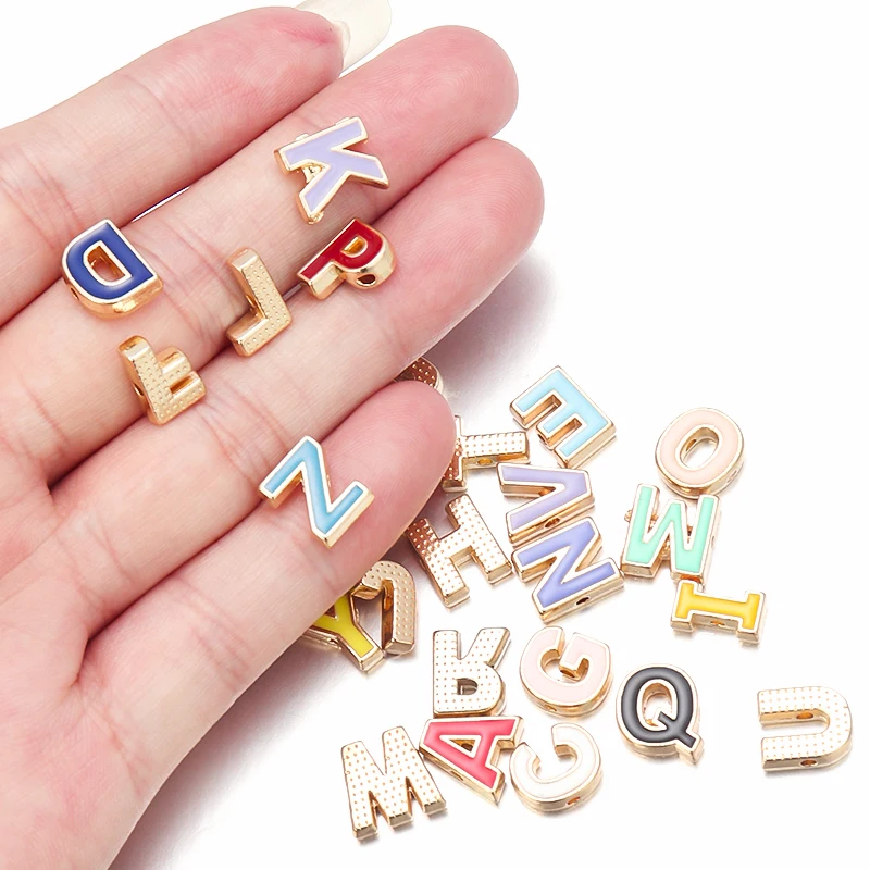 Assorted Gold Enamel Alphabet Letter Beads, Metal Letter Beads, 1