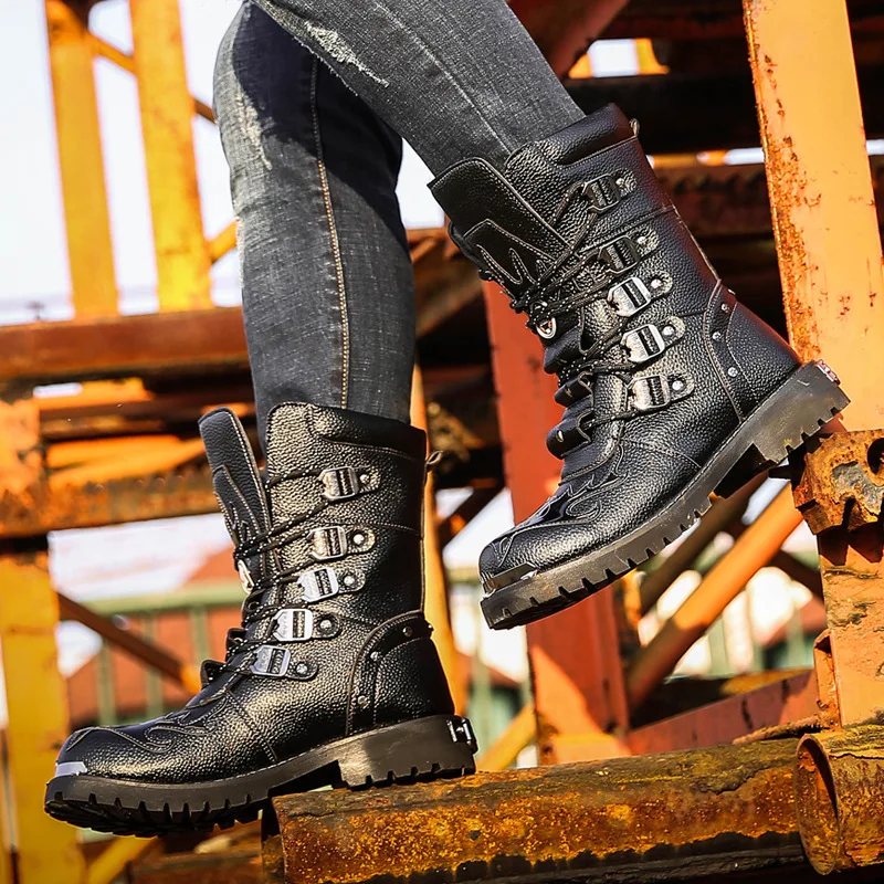 Mens Leather Boots Motorcycle Leather Boots PU Leather Breathable Punk Warm Steel Toe