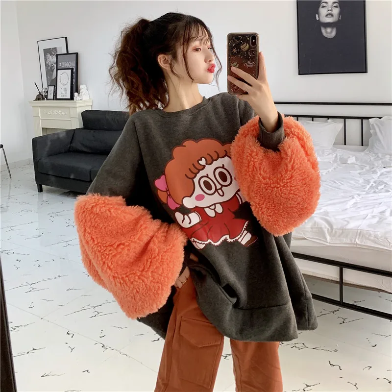 Women Korean Loose Thin Cartoon Print Splice Plush Lantern Sleeve Plus velvet pullover Medium and long section Warm Sweatshirt