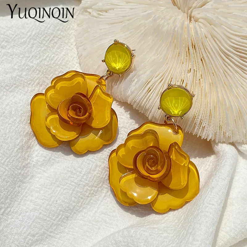 Dangle Earrings Drop Earrings Flower Earrings Rose Earrings Long Earrings Acrylic Earrings Vintage Korean Acrylic Rose Flower Drop Earrings for Women