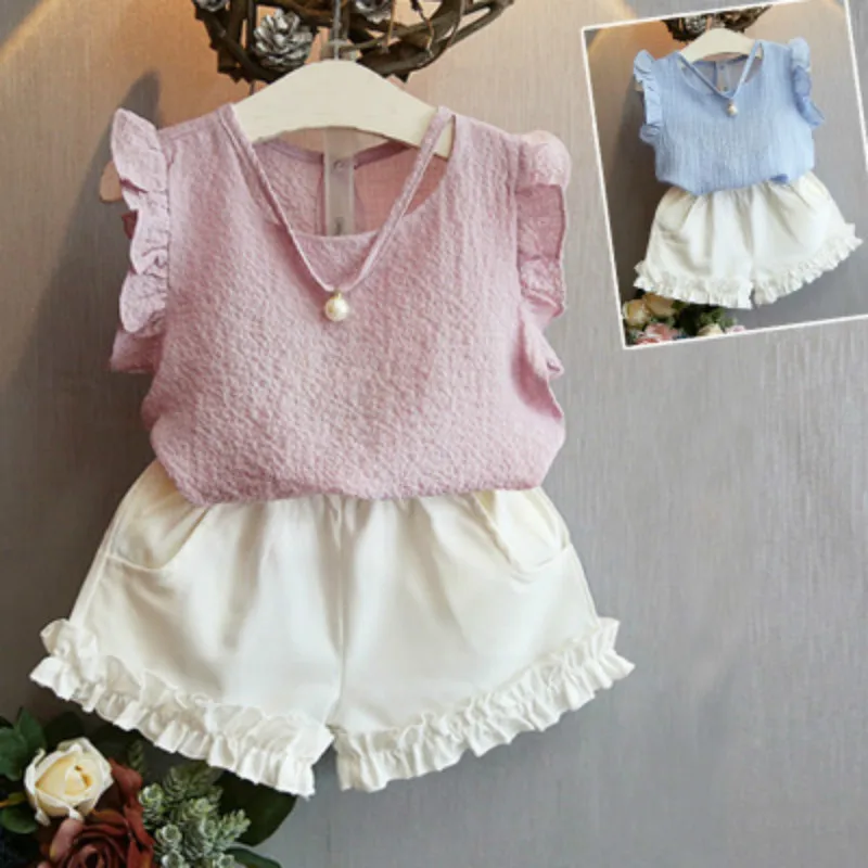 

2019 Girls Flying Sleeve Chiffon Vest Lace Shorts Fresh Two-piece Spring and Summer Pure Color Sleeveless T-Ladder Shorts Suit