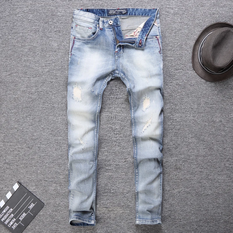 Italian Style Fashion Men Jeans Light Blue White Wash Slim Fit Classical Ripped Jeans Men Brand Vintage Designer Jeans Homme Italian Style Fashion Men Jeans Light Blue White Wash Slim Fit Classical Ripped Jeans Men Brand Vintage Designer Jeans Homme