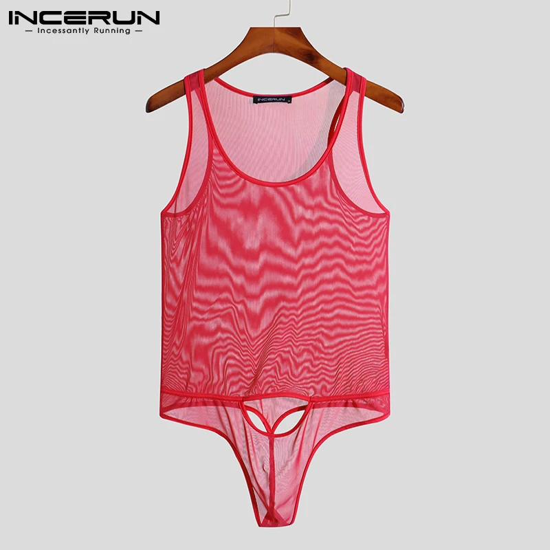 

INCERUN 2024 Men Mesh Bodysuits Solid Color See Through O-neck Sleeveless Sexy Bodysuits Men Skinny Pajamas Male Rompers S-5XL