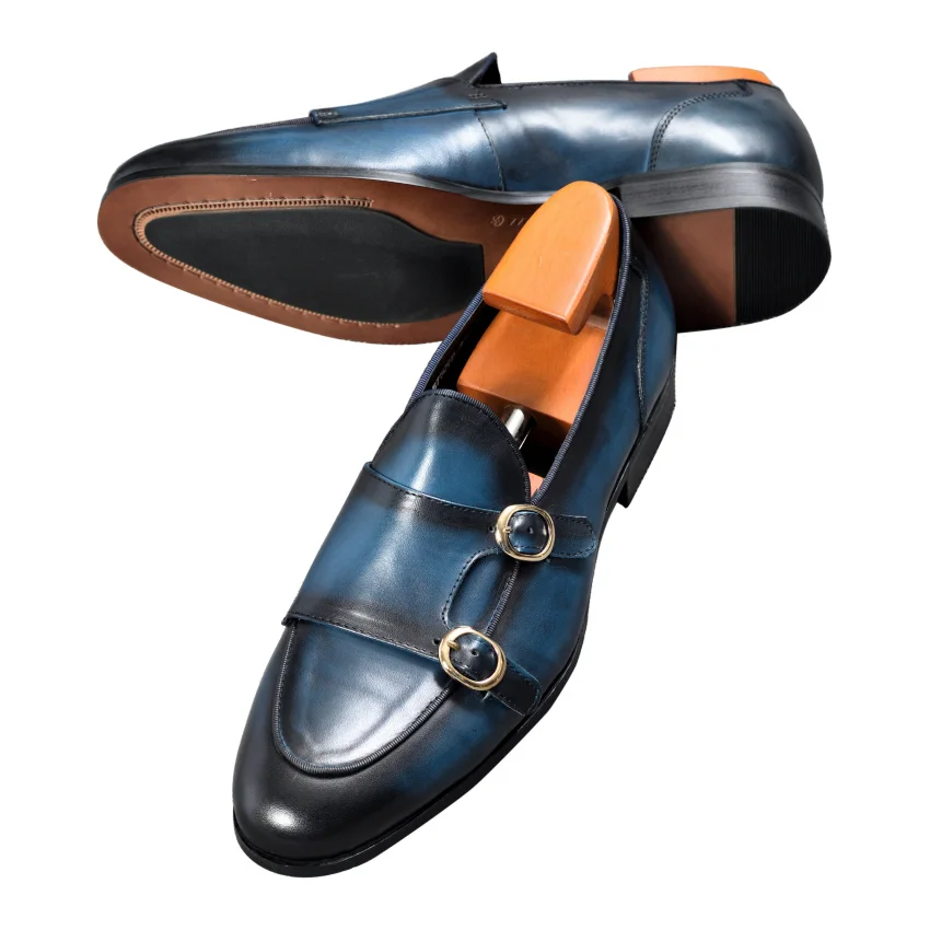 Genuine Leather Mens Casual Shoes Brown Blue Color Office Business Oxford Double Buckle Strap Italy Style Shoe