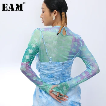

[EAM] Women Green Pattern Printed Temperament Thin T-shirt New Round Neck Long Sleeve Fashion Tide Spring Summer 2020 1T907