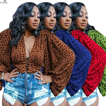 

2020 Women Summer Blouses Shirts Full Sleeve Leopard Print V-neck Fashion Vintage Tees Streetwear Night Clubwear Party Crop Tops