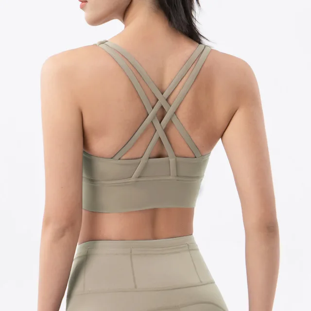 Lulu Classic Solid Color Cross Back Women Sport Bra Fitness Tank Top Shockproof Run Tight Yoga Vest No Steel Ring With Chest Pad Khaki