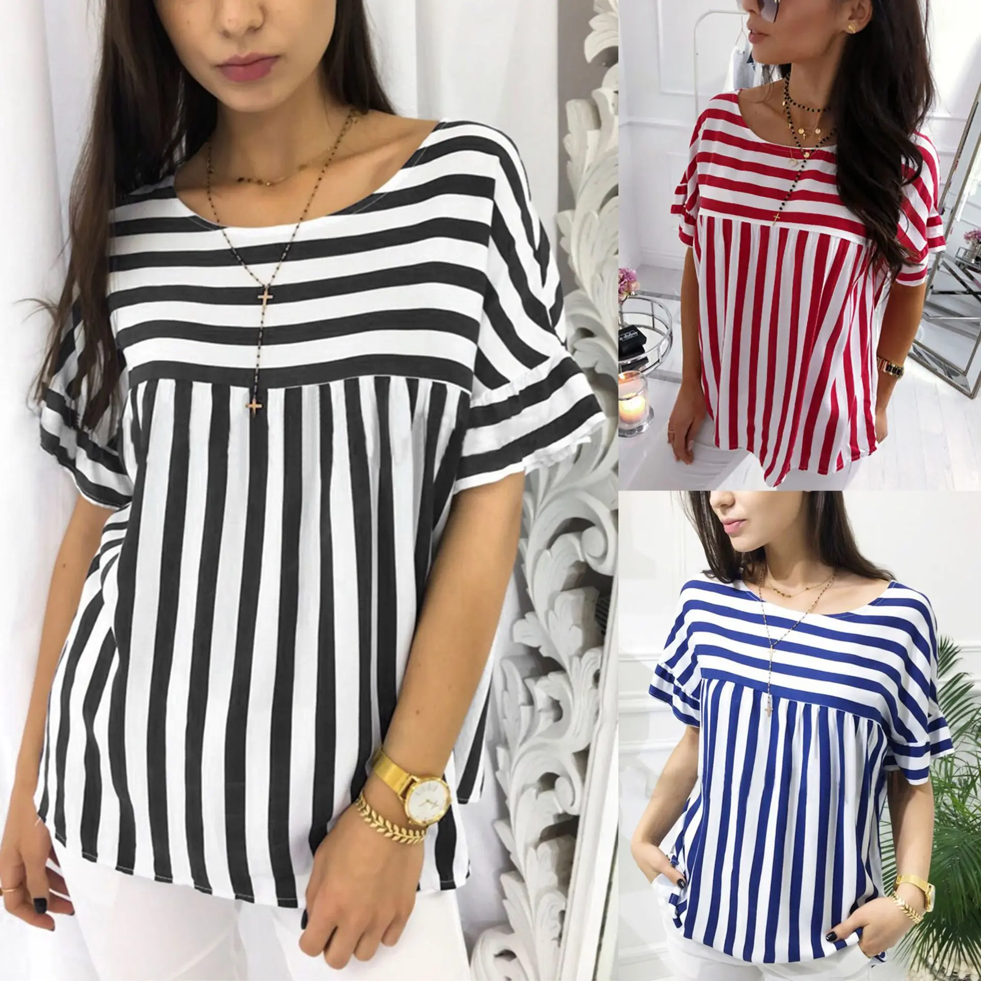 2019 Летняя Повседневная полосатая Лоскутная футболка с круглым вырезом и
