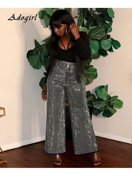 

Vintage Sparkle Bling Winter Pants Women Elegant High Waist Wide Leg Pant Trousers Fashion Clubwear Slim Glitter Pants For Women