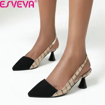 

ESVEVA 2020 Pointed Toe Mixed Color PU Leather Women Shoes Back Strap Women Pumps Strange Heel Ladies Sandals Big Size 34-43
