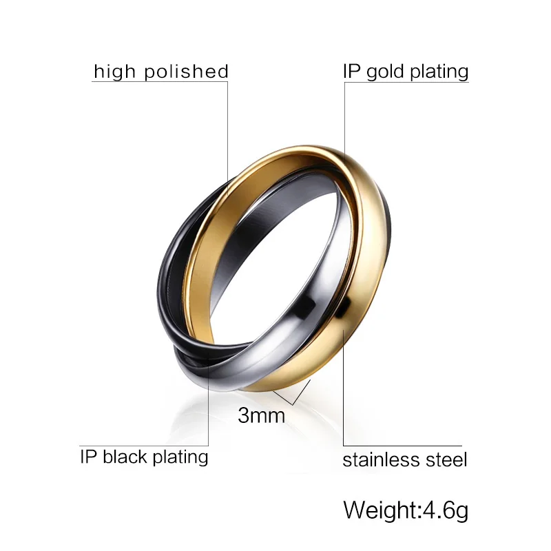 Кольцо женское классическое золотистое с 3 кольцами|wedding band ring|finger ringband ring |