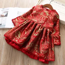 Симпатичное платье принцессы с длинными рукавами и цветочным бантом; сезон осень-зима детское платье Ципао для маленьких девочек одежда на год