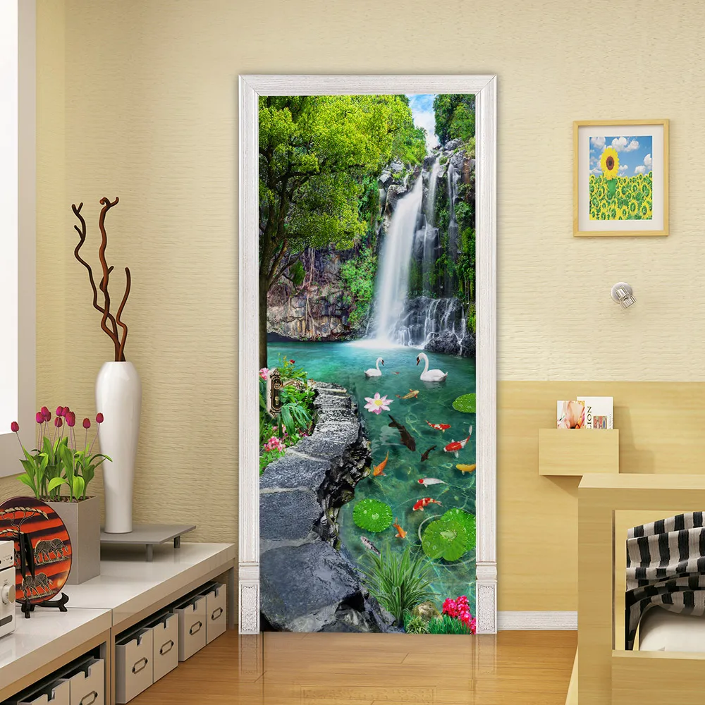 3D Waterfall Swan Self Adhesive Living Room Door Mural Wall Sticker Photo Decor 
