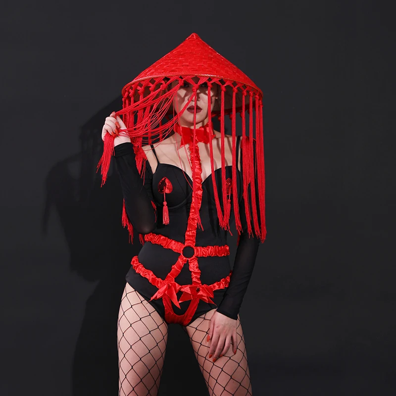 Vintage Embroidery Red Tassels Black Bodysuit Leading Dancer DJ Jazz Dance Costume Bar Nightclub Sexy Performance Stage Wear