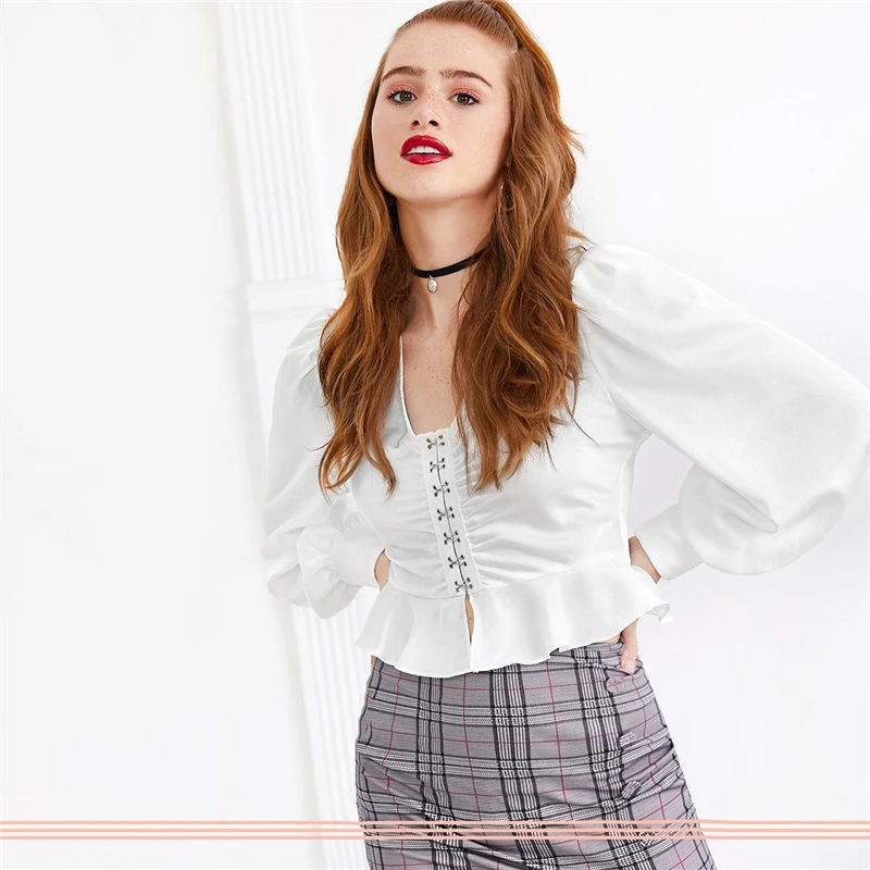 SHEIN x Madelaine белая блузка с v-образным вырезом и баской спереди, женские топы, осенние женские элегантные расклешенные блузки с рукавами-фонариками