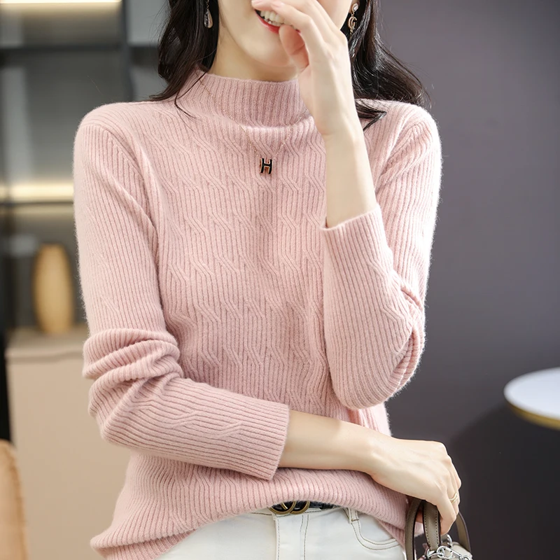 

2021 Autumn/Winter New Fashion Stand-Up Collar Women Pullover Ripple Sweater 100% Pure Wool Knitted Bottoming Tops