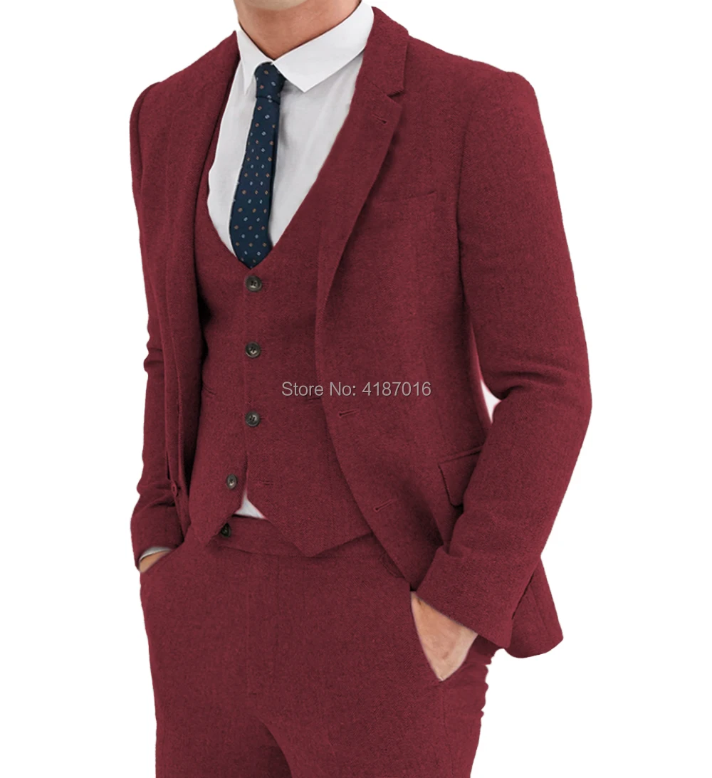 Mens Suit Black 3 Piece Suit Hight Quality Wool Tweed Wedding Groomsmen Shawl Lapel Tuxedos Slim Fit Blazer+Pants+vest