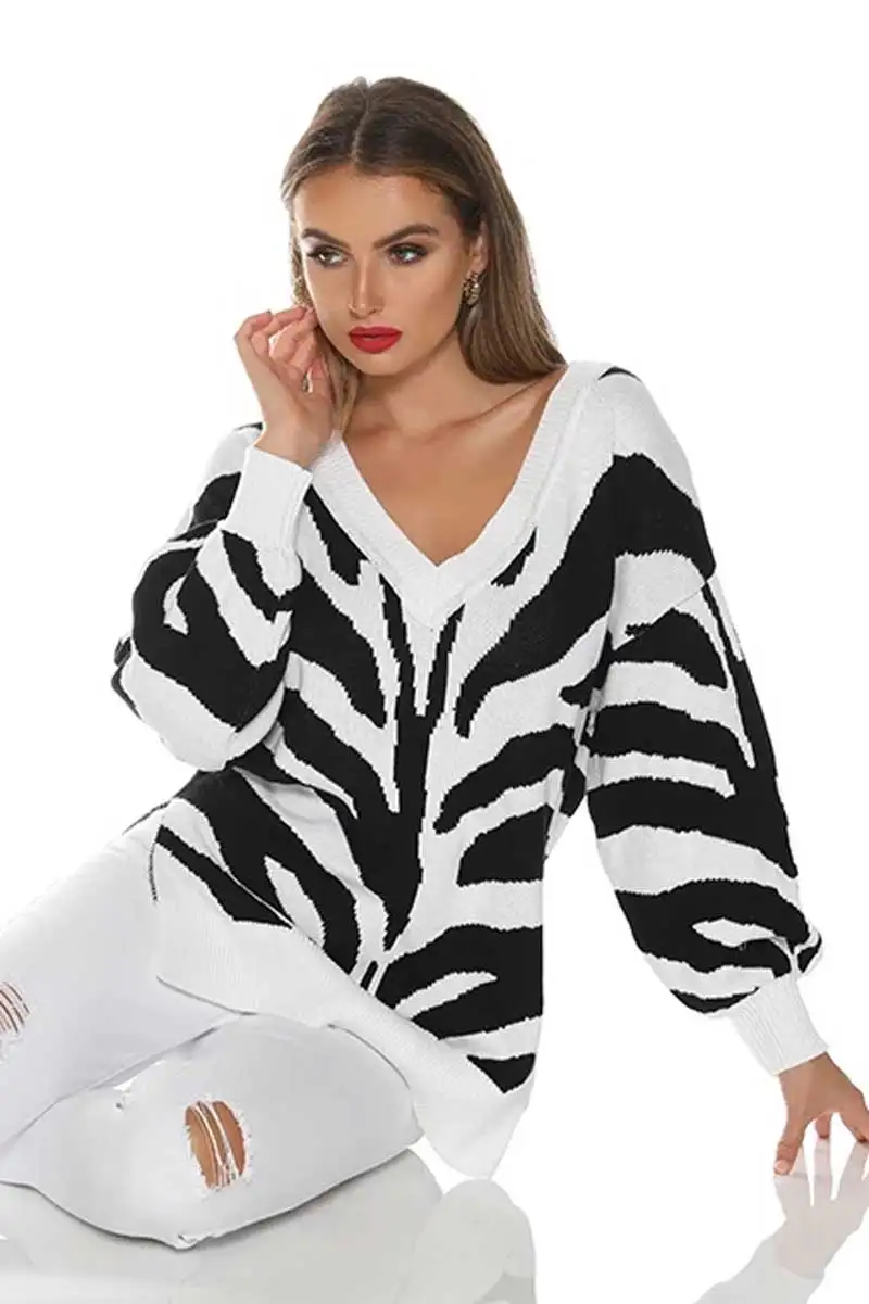 zebra YAMDI женский полосатый свитер осень зима v-образный вырез вязаный свободный джемпер женский черный богемный Пуловер Сексуальный винтажный женский - Цвет: zebra