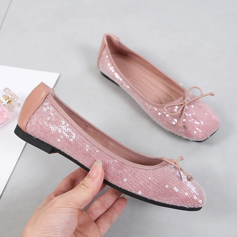 Women's Sequined Cloth Loafers Square Toe Flats Spring Fall