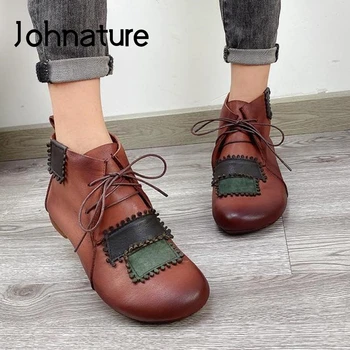 

Johnature Lace-up Women Shoes Genuine Leather Ankle Platform Boots 2020 New Round Toe Flat With Mixed Colors Sewing Women Boots