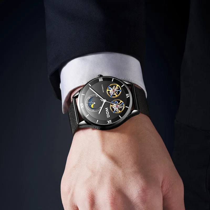 

MEN'S Watch Waterproof Hollow out Double Flywheels Fully Automatic Analog Watch Night Light-Style Mesh Belt MEN'S Watch