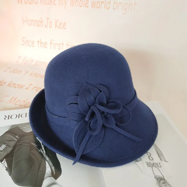 Navy blue HAIJINMINGWEN осень-зима Дамы Цветы шерстяные шляпы элегантная раковина Кепка многоцветная шерстяная шапка - Цвет: Navy blue