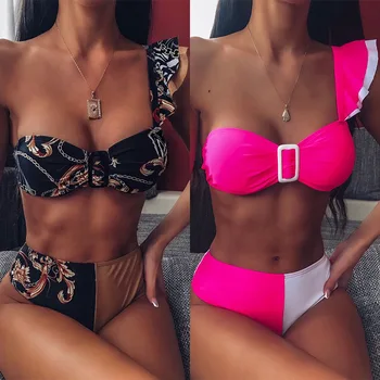 

Hirigin Color Patchwork Sexy One Sholuder Bikini Women 2020 New Push Up Padded Swimwear Hing Waist Bathing Suit Women Biquini