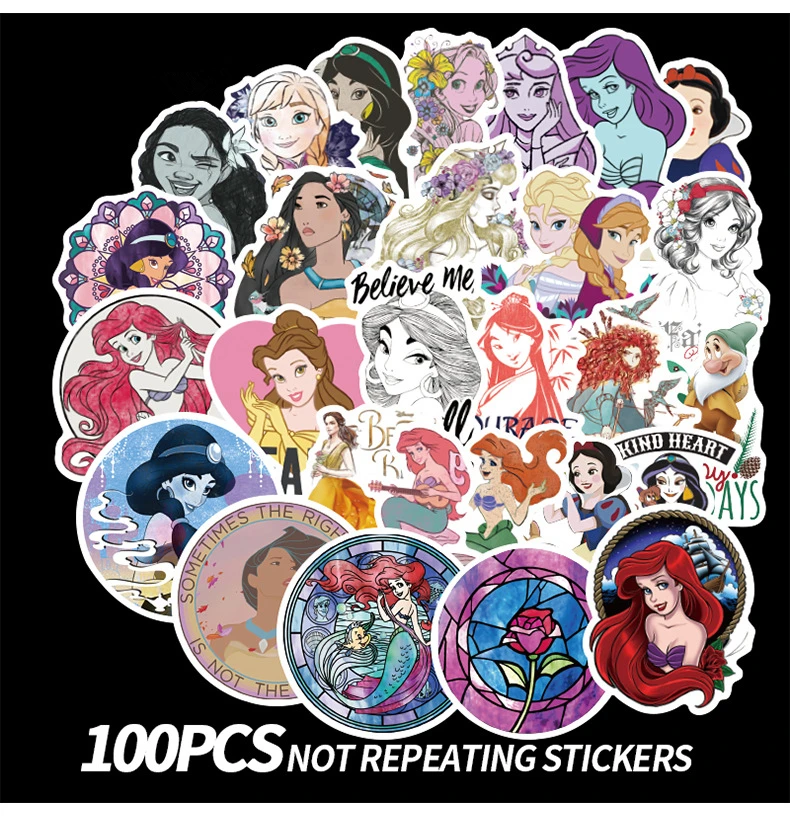 Princess-100pcs 100/50 шт в наборе, вечернее платье принцессы в стиле Эльзы и Анны Мулан Ариэль Стикеры s для девочек Спальня Наклейки на стены для ноутбука скейтборды Чемодан Водонепроницаемый наклейка в стиле граффити - Цвет: Princess-100pcs
